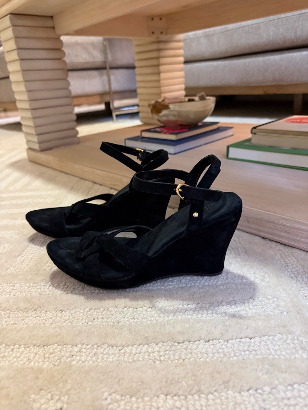UGG Black Suede Wedge Sandals with Ankle Strap and Gold Accent